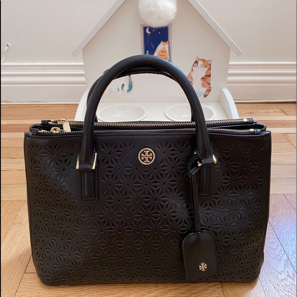 Tory Burch Black Laser-Cut Leather Satchel